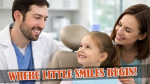 Dr. Mitchell Sable smiling with a young child and parent during a gentle first dental visit at Smile Brightly Dentistry in Warren, Michigan