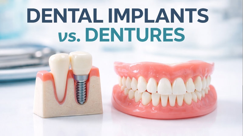 Dental implants and dentures comparison showing tooth replacement options in Warren Michigan