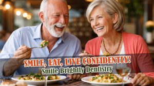Senior couple smiling and enjoying a meal after restoring their smile with dentures in Warren, Michigan