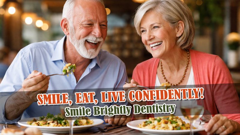 Senior couple smiling and enjoying a meal after restoring their smile with dentures in Warren, Michigan