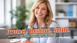 Professional woman smiling at work after dental crown or bridge treatment in Warren, MI