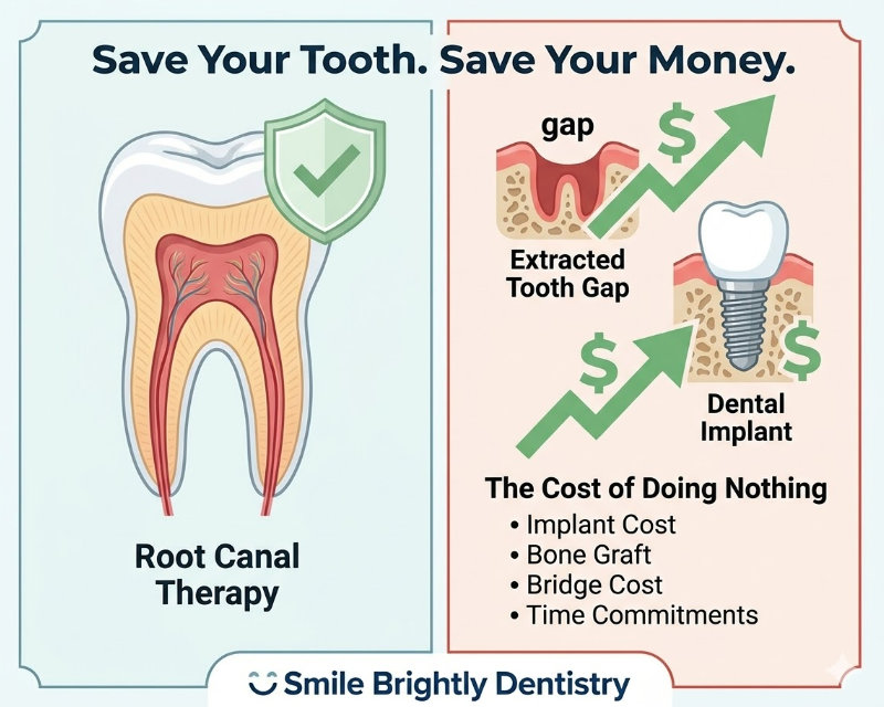 Split graphic comparing root canal therapy versus tooth extraction costs — Save Your Tooth, Save Your Money — Smile Brightly Dentistry Warren MI