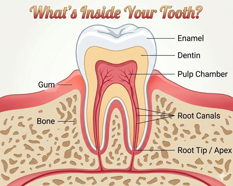 Anatomical cross-section diagram of a tooth showing enamel, dentin, pulp chamber, and root canals — root canal therapy education by Smile Brightly Dentistry in Warren, MI